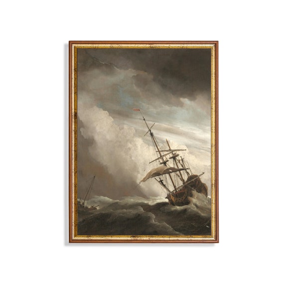 Print And Ship Vintage Sailing Ship Painting Antique Moody Print Ocean Seascape Rustic Art Mailed Art Nautical Decor