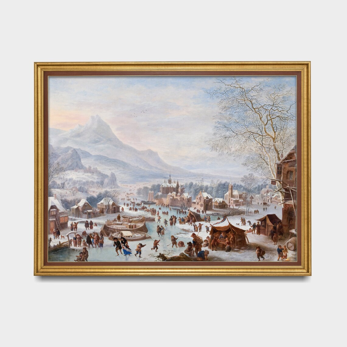 Crowded Winter Canal Skating Scene With Village Vintage Winter Poster - Image 3