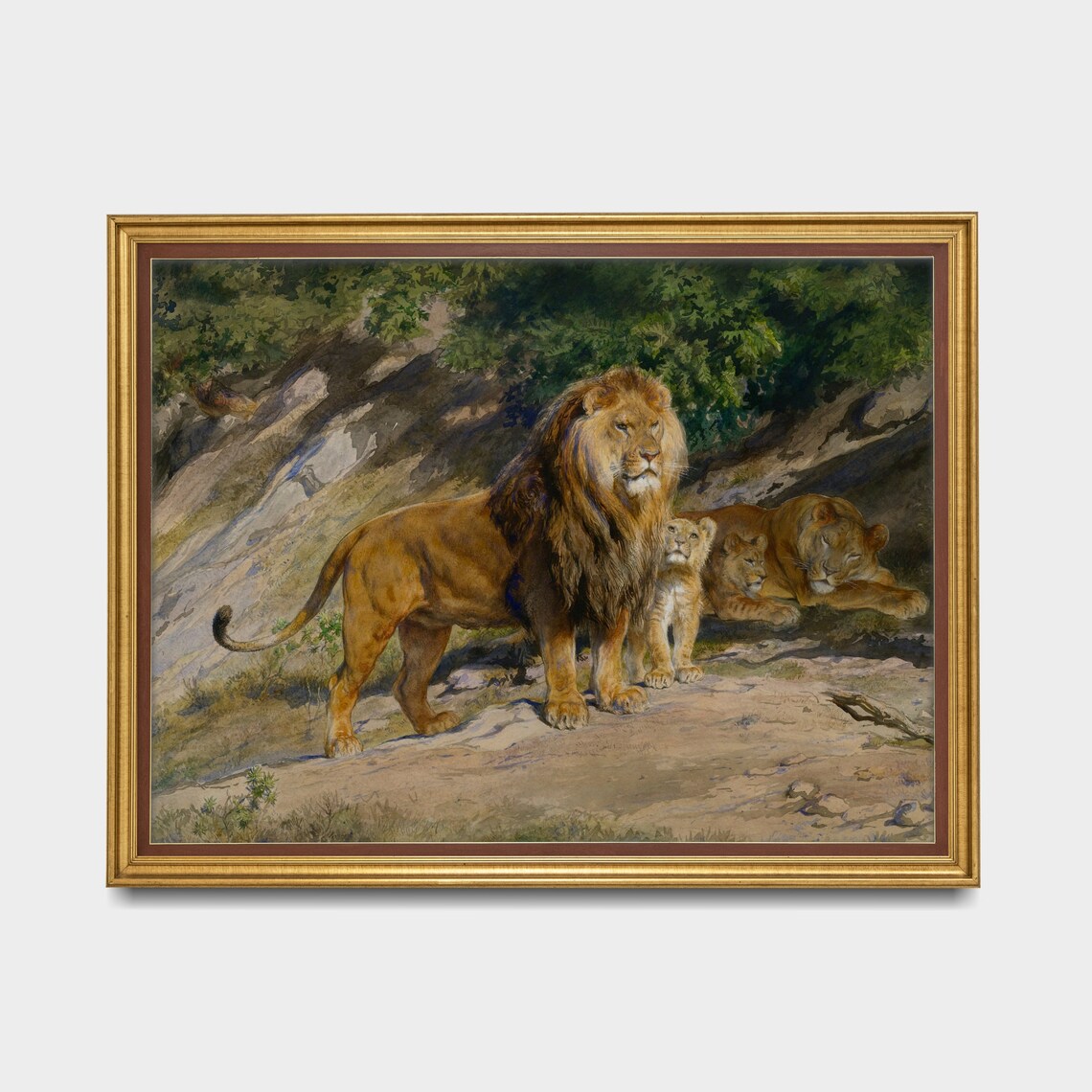 Lion Family with a Cub in the Wild Vintage Big Cat Art Poster - Image 3