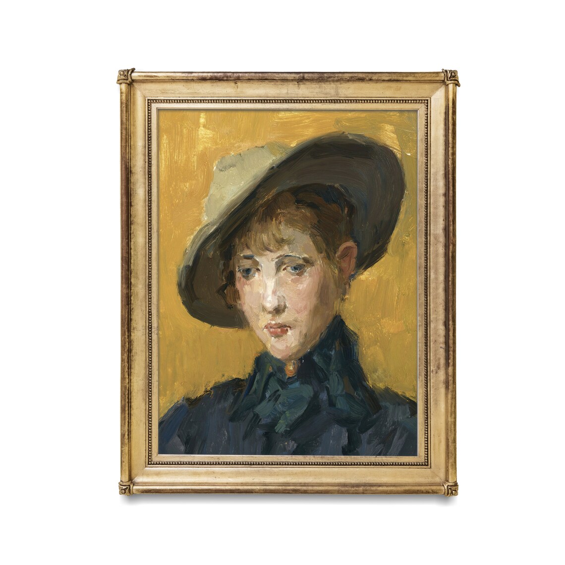 Impressionist Girl in a Wide Brimmed Hat on Gold Background Poster - Image 2