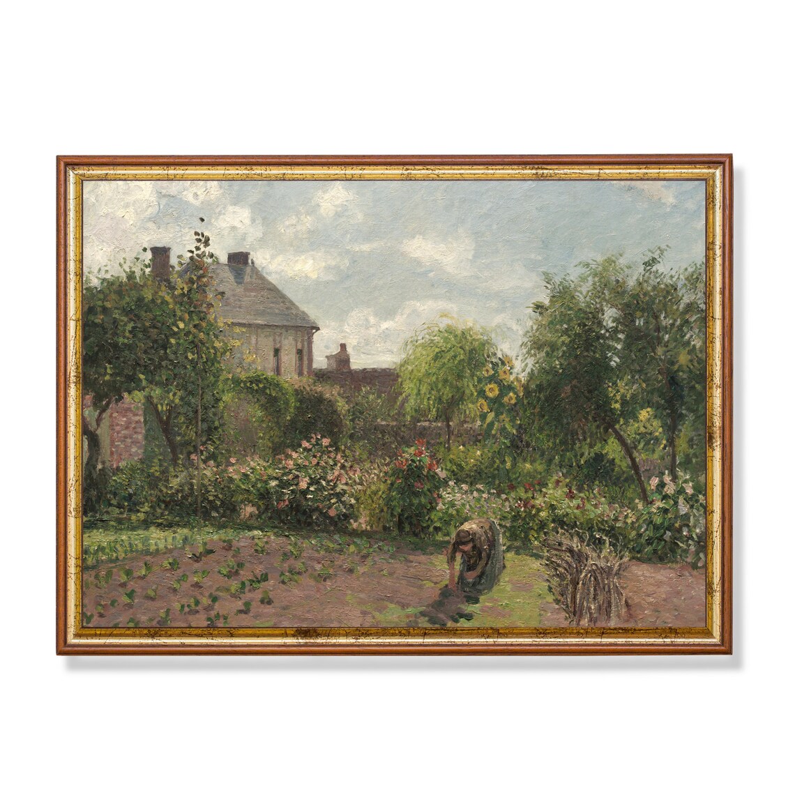 Cottage Garden with Gardener Antique Summer Oil Painting Poster