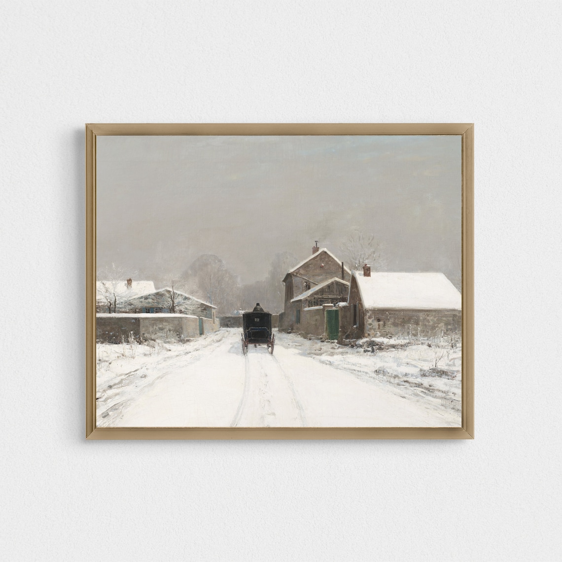 Horse Carriage on a Snowy Village Street Vintage Winter Scene Poster - Image 2