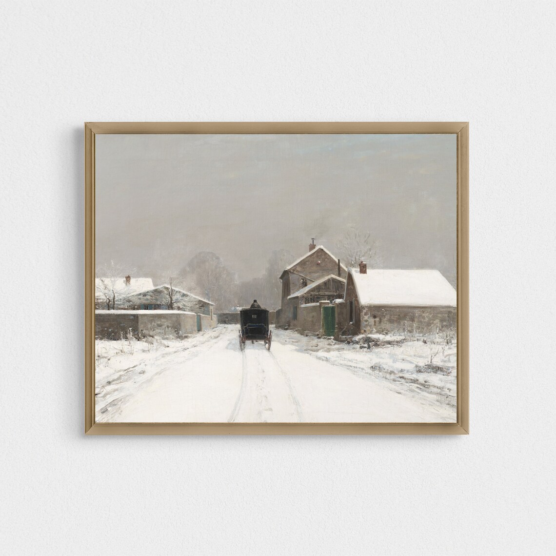 Horse-Drawn Carriage on a Snowy Village Road Quiet Winter Poster - Image 3