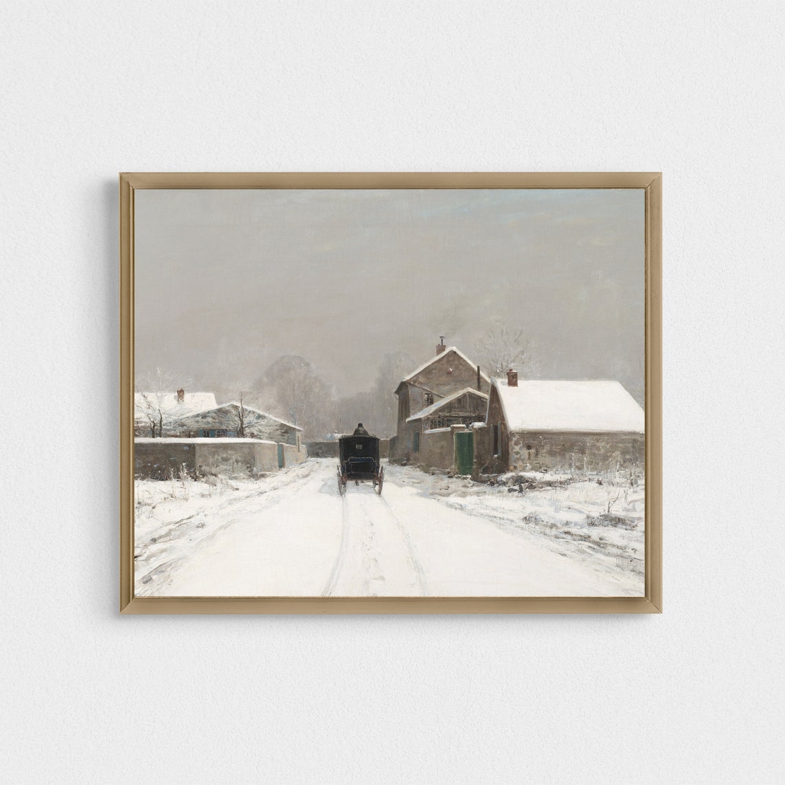 Winter Snowy Landscape Vintage Wall Art Antique Painting Christmas Decor Moody Rustic Print Horizontal Wall Art - Image 3