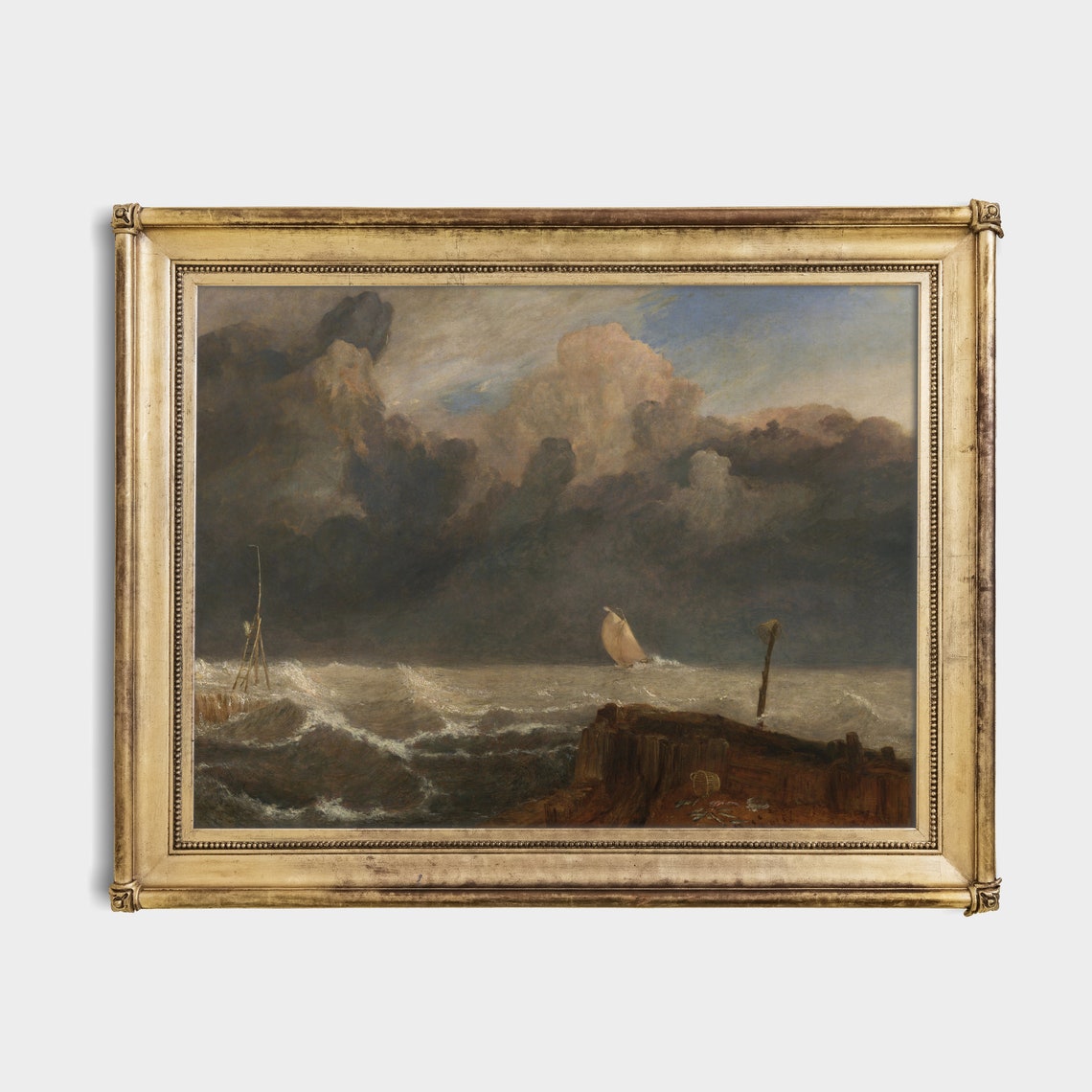 Storm Tossed Sailboat Antique Dramatic Seascape Painting Poster - Image 4