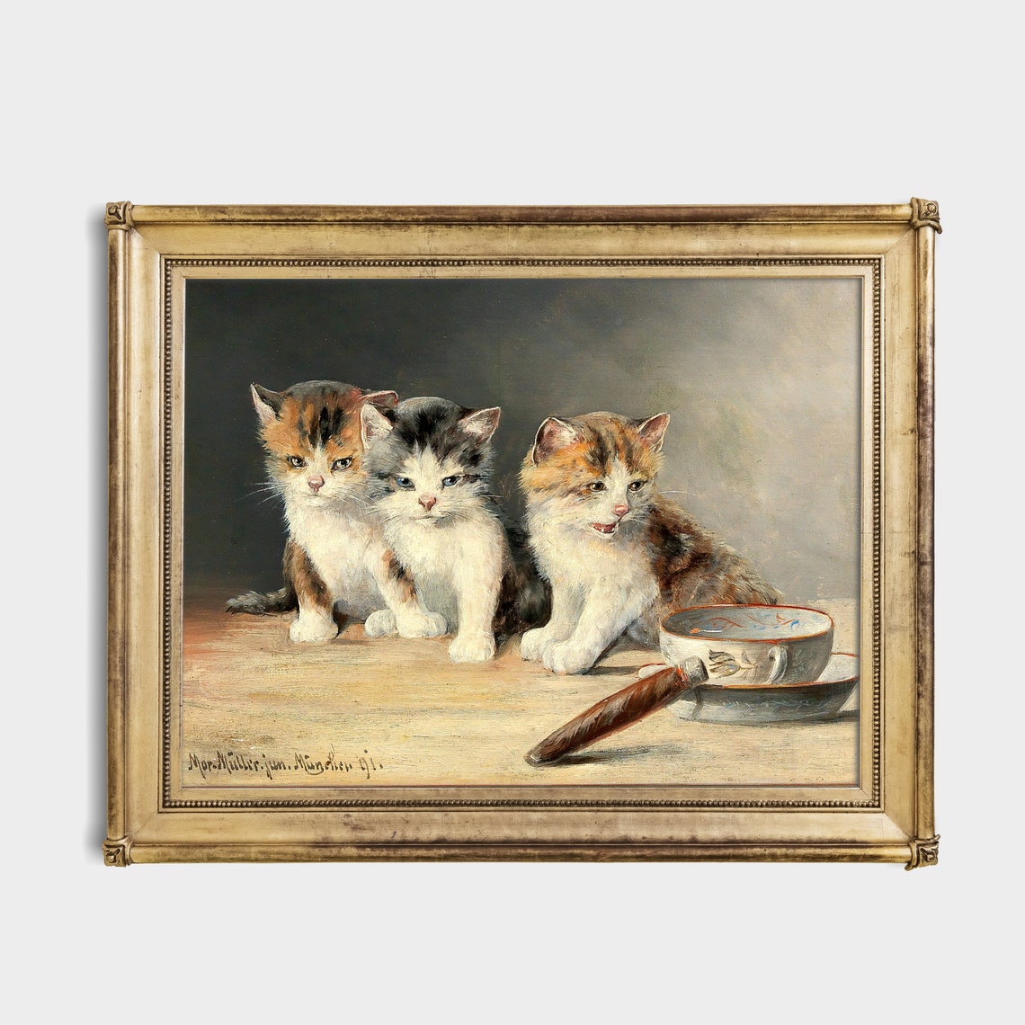 Three Kittens by Teacup Vintage Victorian Cat Painting Art Poster - Image 4