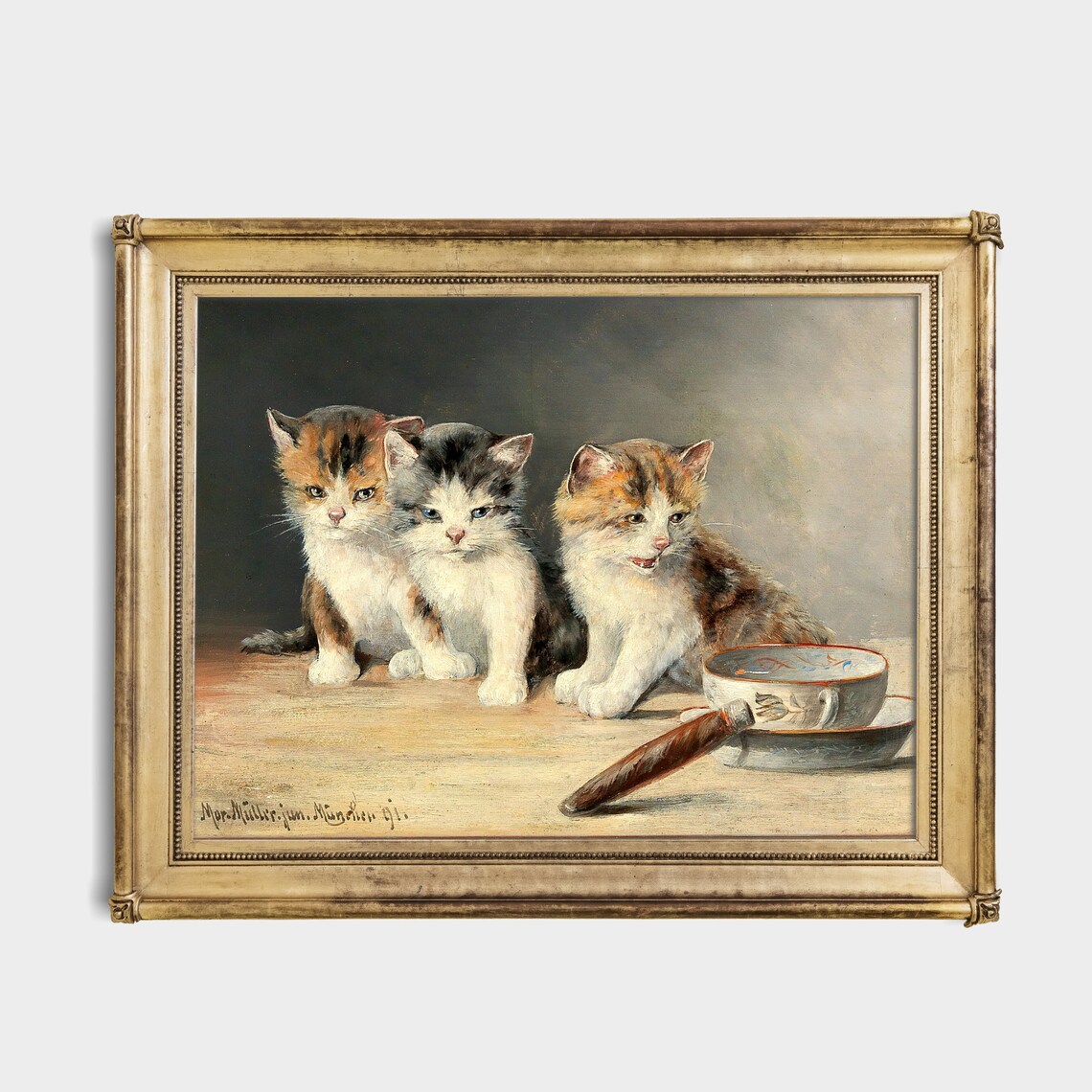 Three Kittens With Teacup And Pipe Vintage Victorian Cat Painting Poster - Image 2