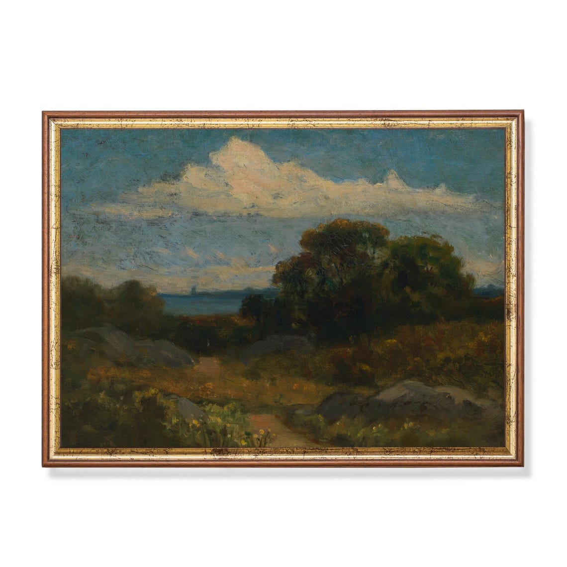 Rocky Coast and Trees Under a Stormy Sky Tonalist Landscape Poster
