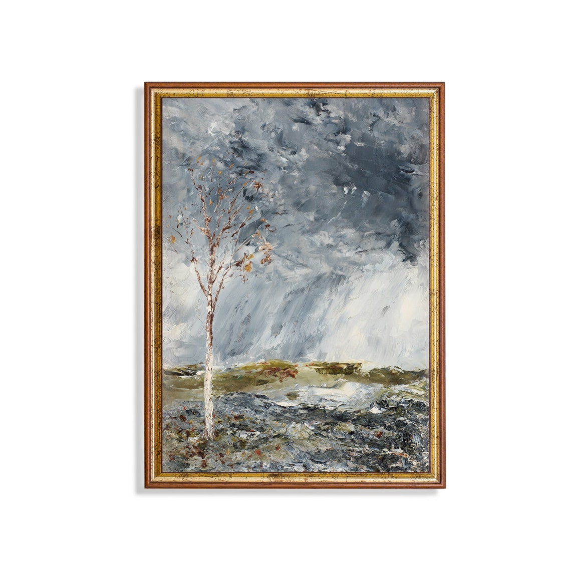 Solitary Tree on Rocky Shore Painting Stormy Sky Moody Wall Art