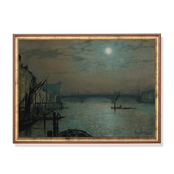 Mailed Print Vintage Landscape Painting Antique Wall Art Moody Rustic Print Dark Academia Bridge By Moonlight Nocturne Art