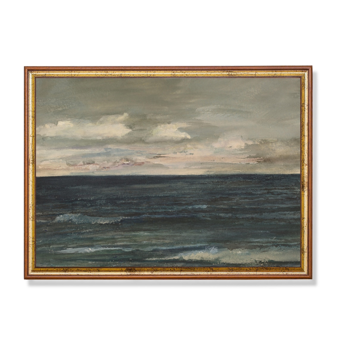 Dark Open Sea Under a Pale Cloudy Sky Moody Watercolor Seascape Print