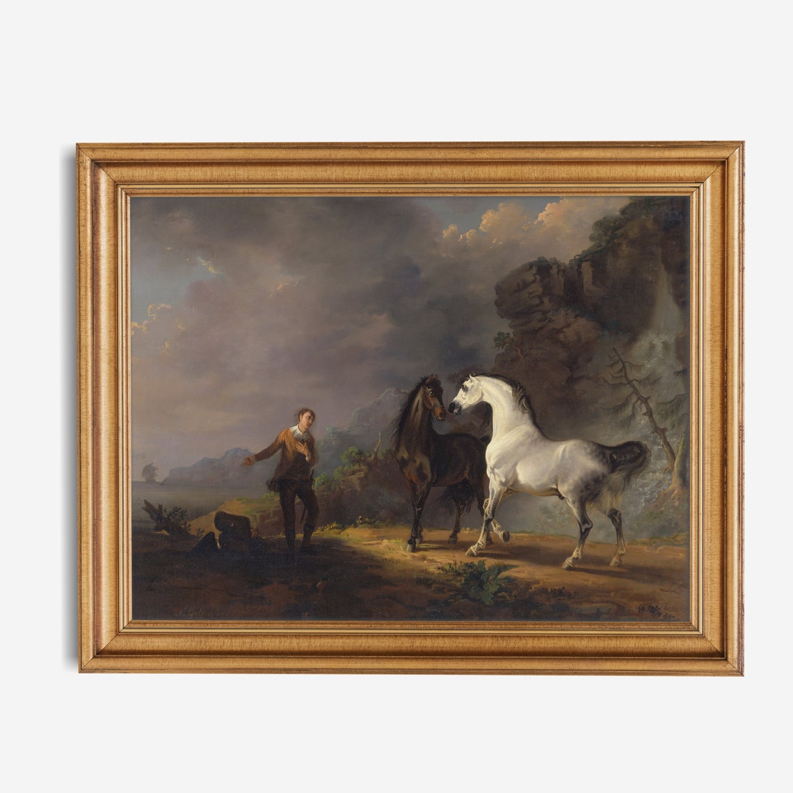 White and Black Horses at Rocky Coast Romantic Equestrian Scene Poster - Image 3