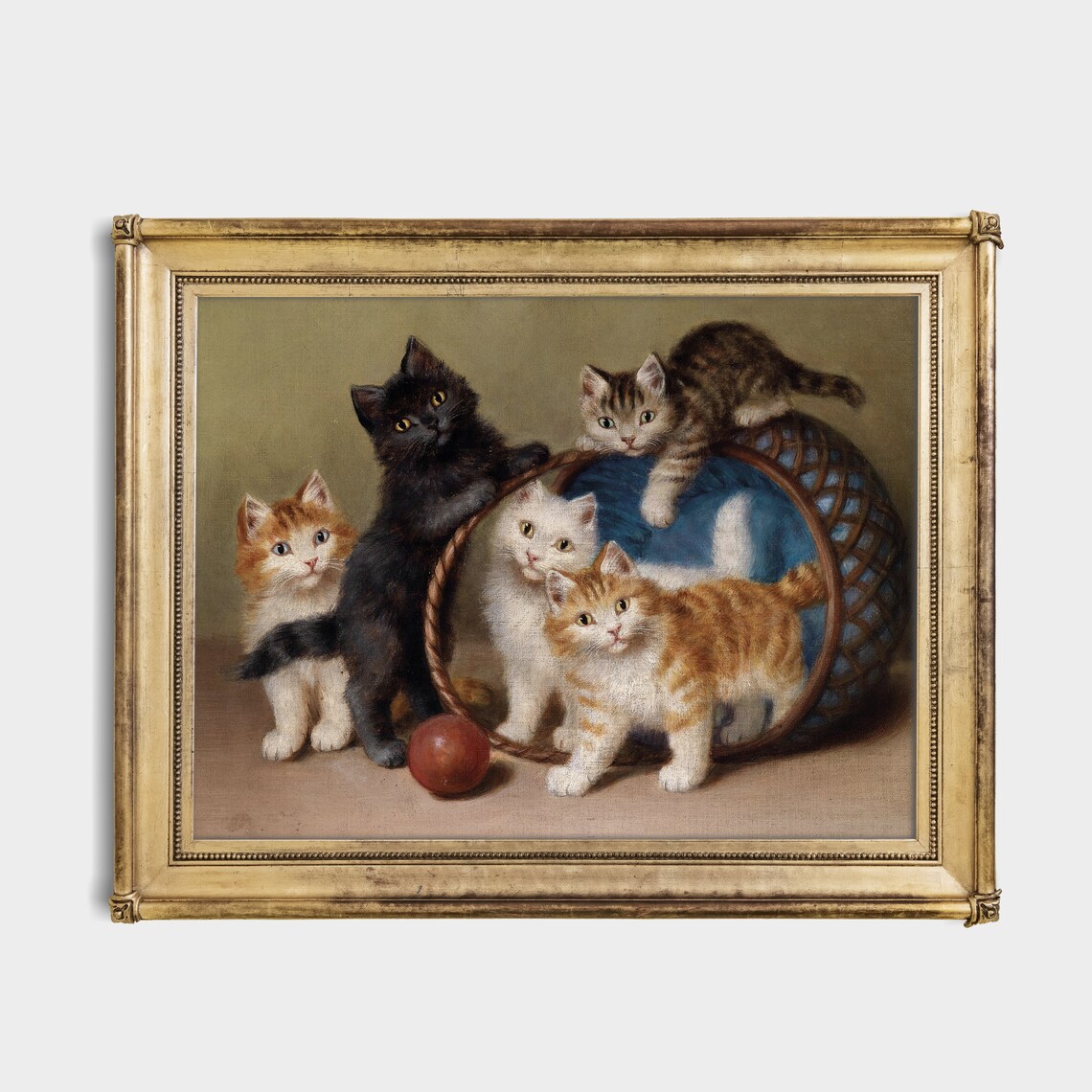 Five Playful Kittens With Tipped Basket And Ball Vintage Cat Poster - Image 2