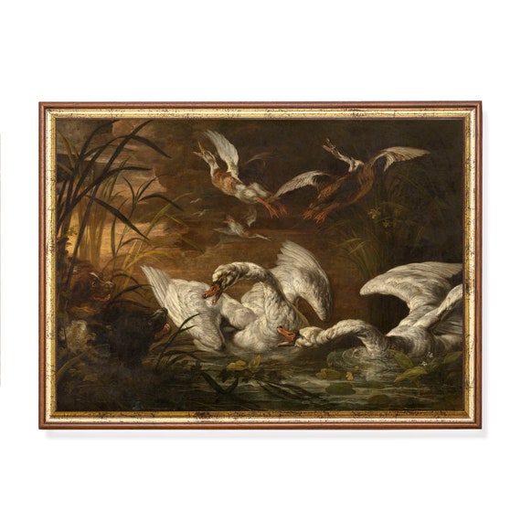 Printed And Shipped Vintage Swans And Dogs Painting Antique Art Print Vintage Wall Art Moody Rustic Art Physical Prints