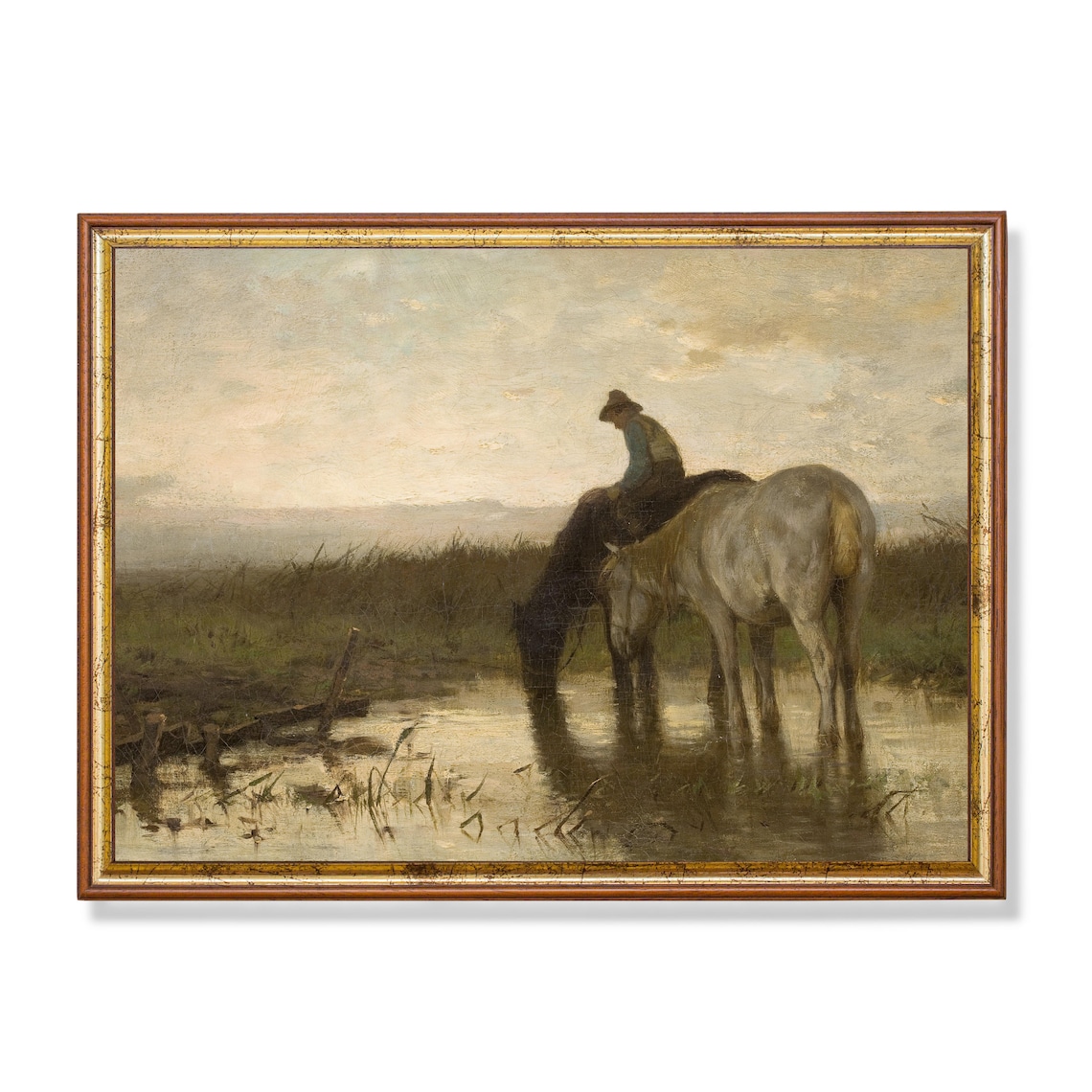 Rider Watering Horses at Dusk Antique Equestrian Painting Art Poster