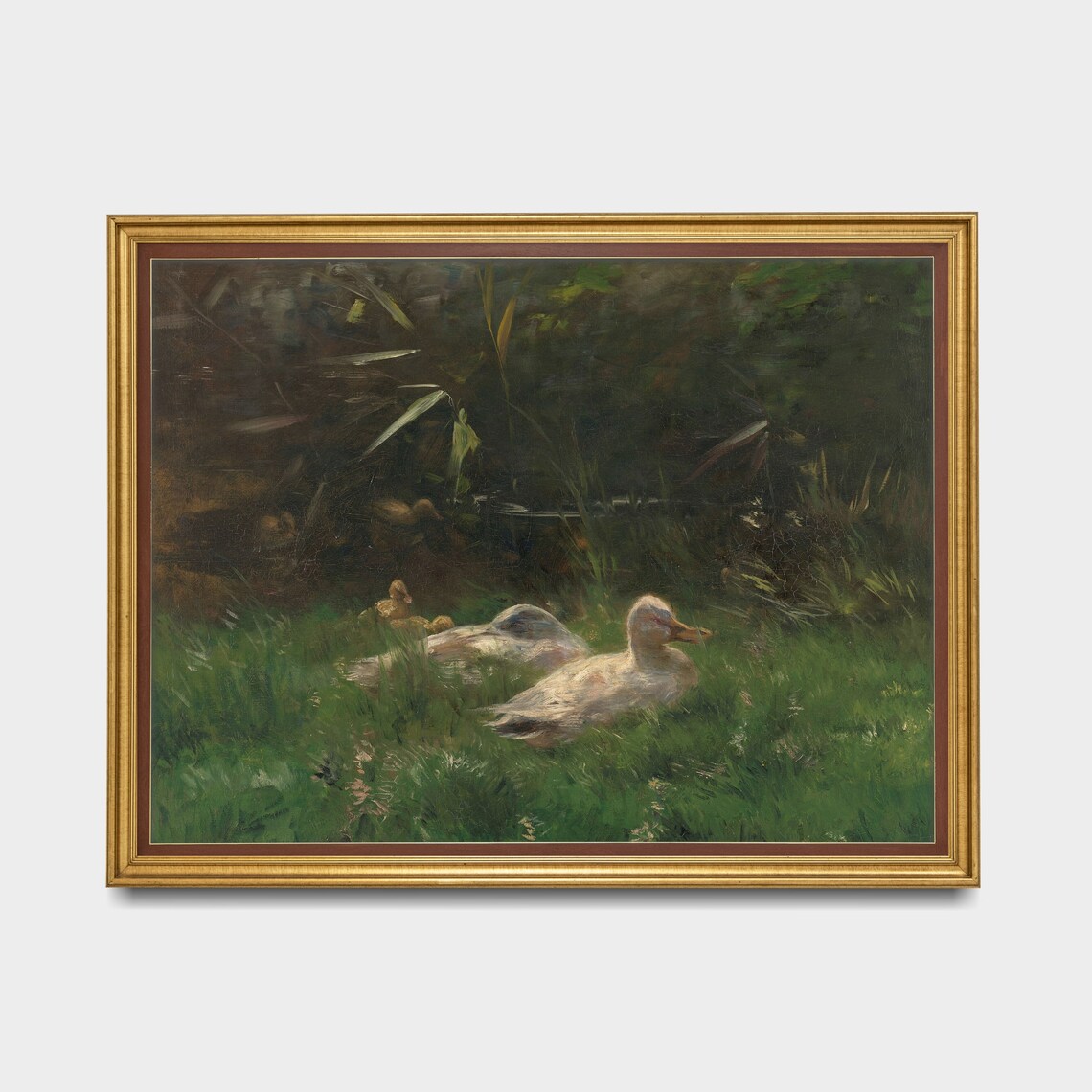 Mother Duck With Ducklings by a Pond Vintage Animal Painting Poster - Image 3