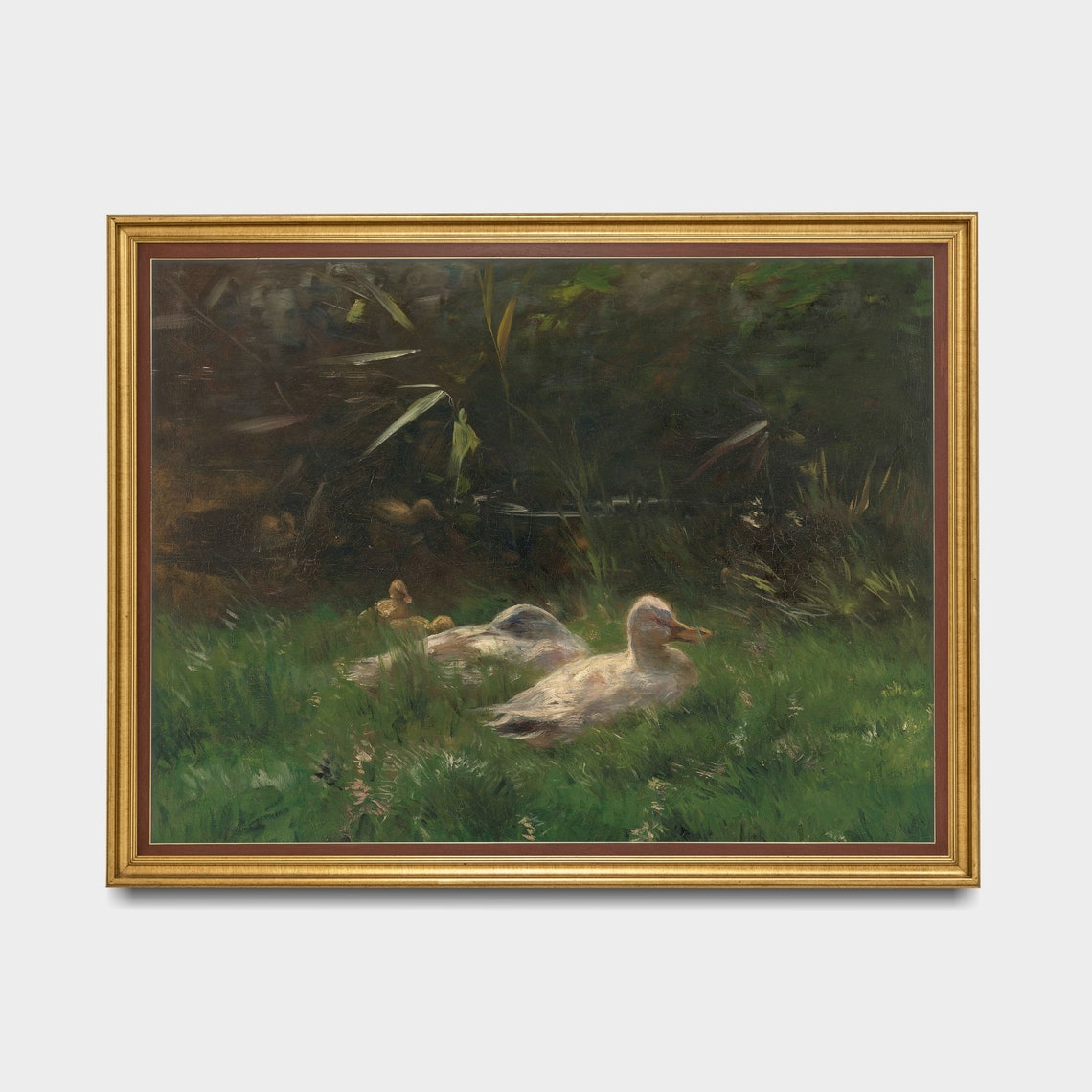 White Ducks Resting by a Pond With Ducklings Vintage Animal Poster - Image 5