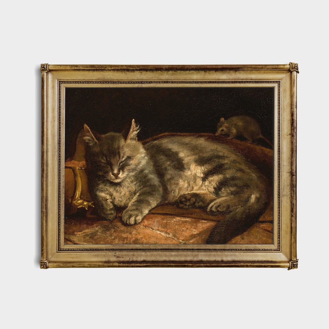 Sleeping Grey Tabby Cat with a Mouse in Moody Oil Style Poster - Image 4