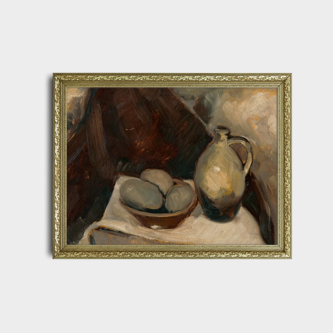 Stoneware Jug and Bowl Still Life Antique Oil Painting Poster - Image 2