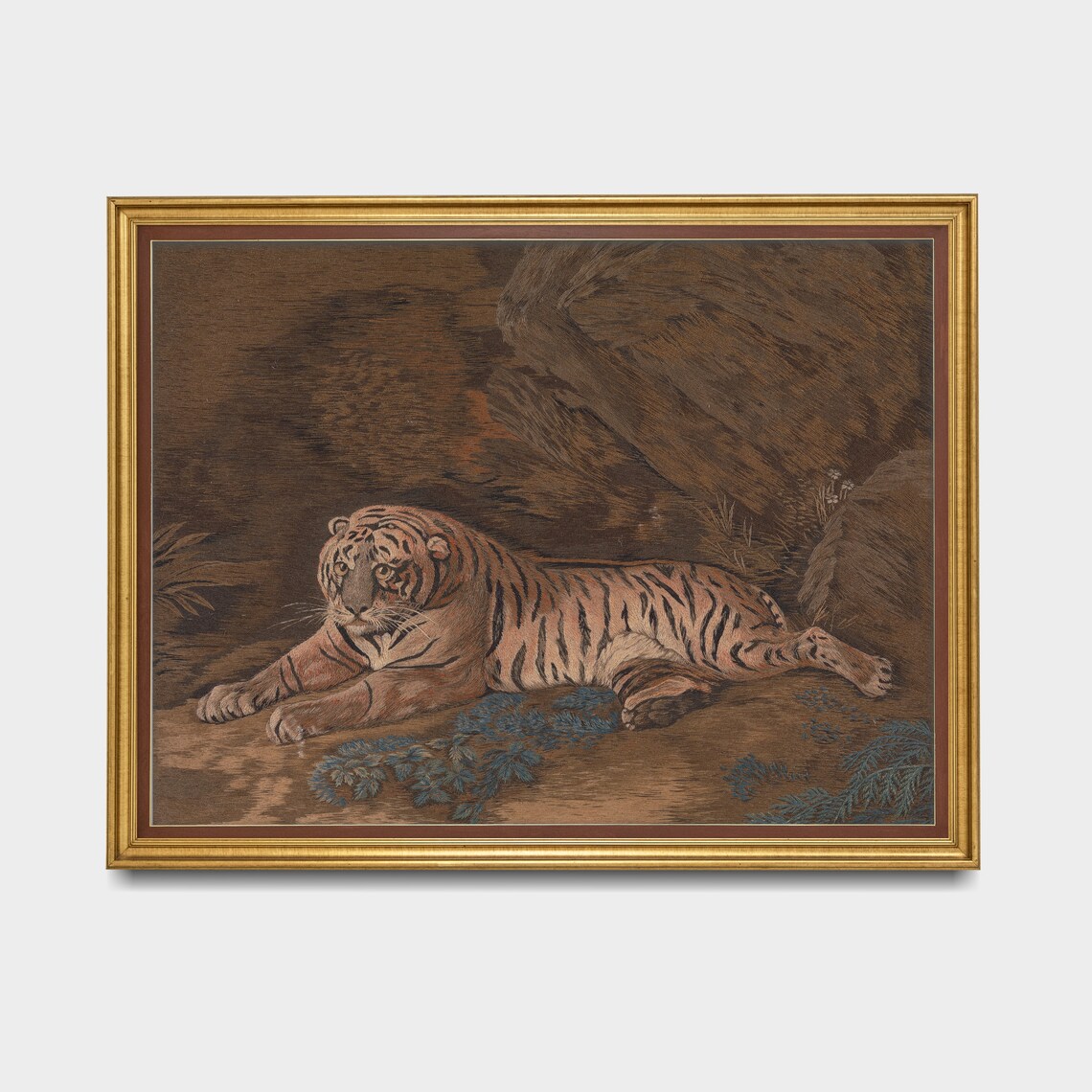 Majestic Tiger Resting Beside Dark Rocks Exotic Wildlife Art Poster - Image 3