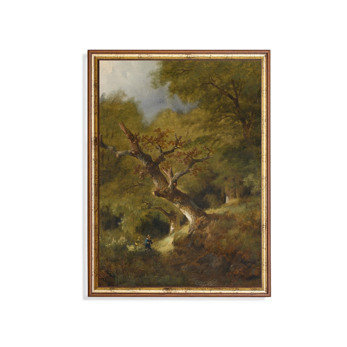 Gnarled Old Oak Tree In Green Forest Vintage Woodland Painting Poster