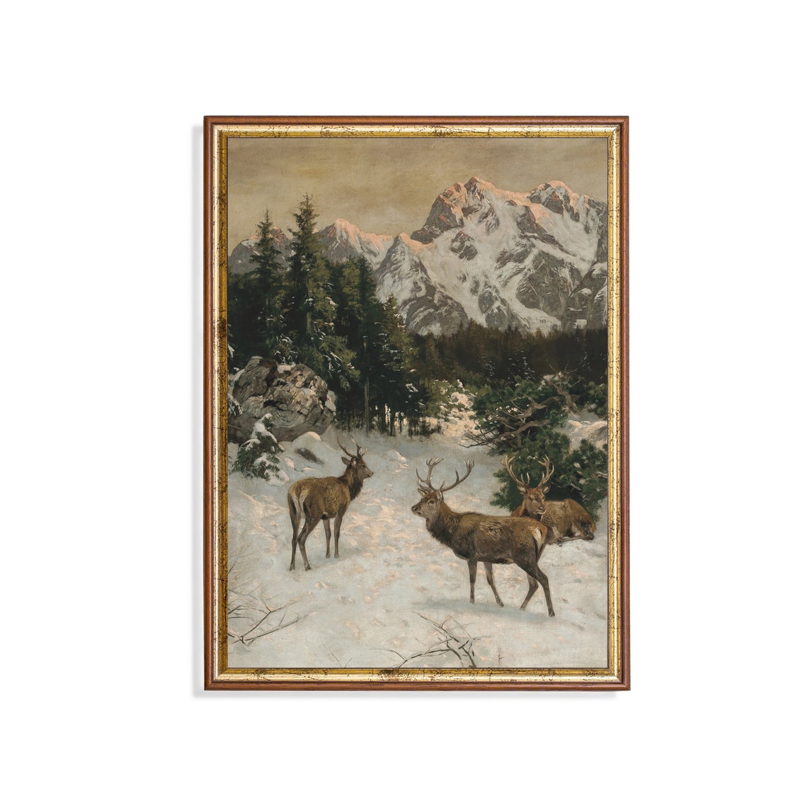 Deer in Snowy Alpine Meadow Beneath Peaks Vintage Wildlife Poster
