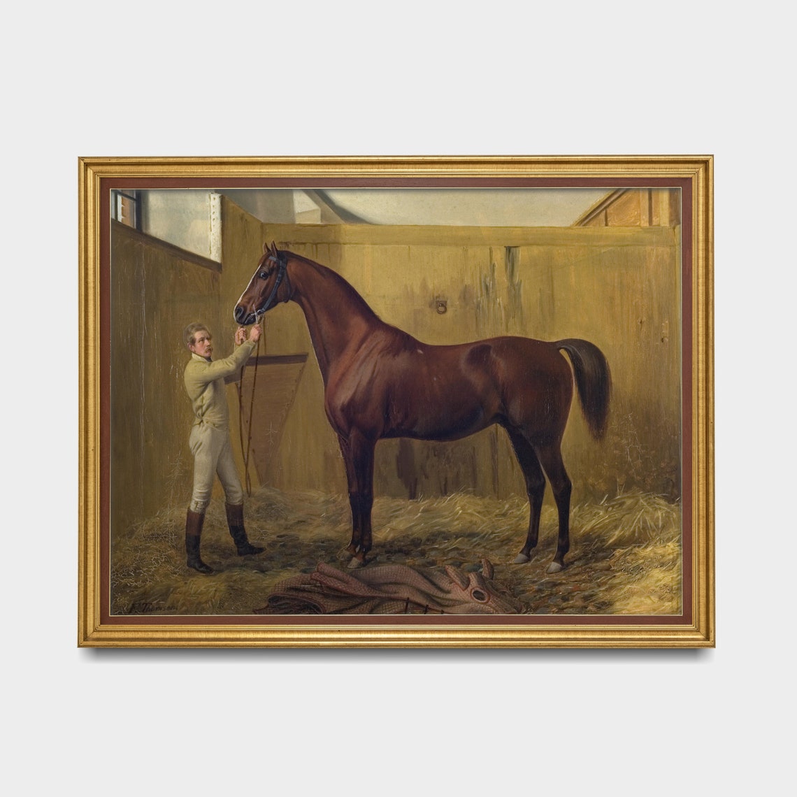 Chestnut Racehorse in a Stable With Groom Vintage Horse Poster - Image 3