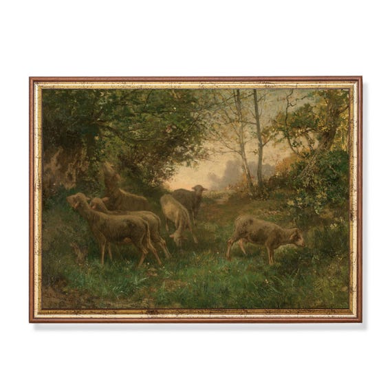 Printed And Shipped Landscape With Flock Of Sheep Vintage Sheep Painting Antique Art Print Moody Rustic Artwork Farmhouse Decor