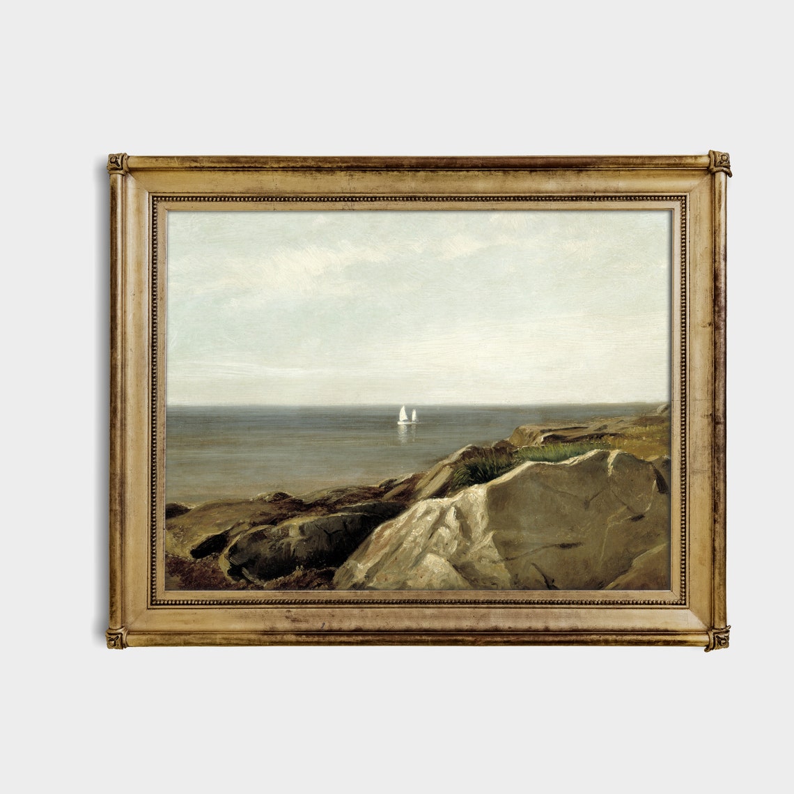 Rocky Coast with a Distant Sailboat Vintage Seascape Art Poster - Image 3