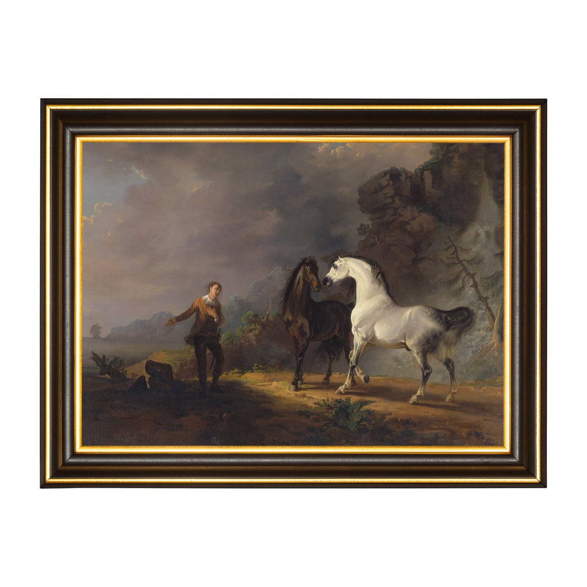 White and Black Horses at Rocky Coast Romantic Equestrian Scene Poster - Image 2