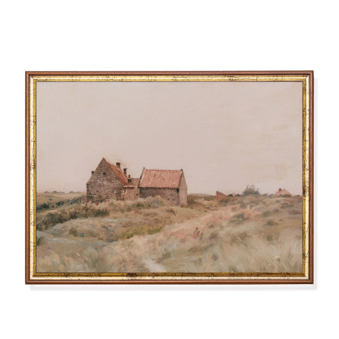 Stone Farmhouse with Red Roofs Standing in Windswept Fields Poster