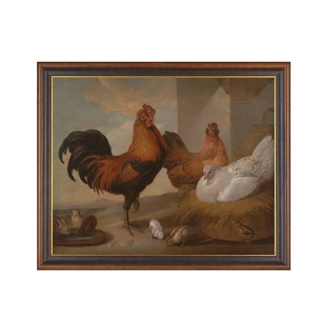 Vintage Red Rooster Hens Chicks Barnyard Farm Animal Painting Poster