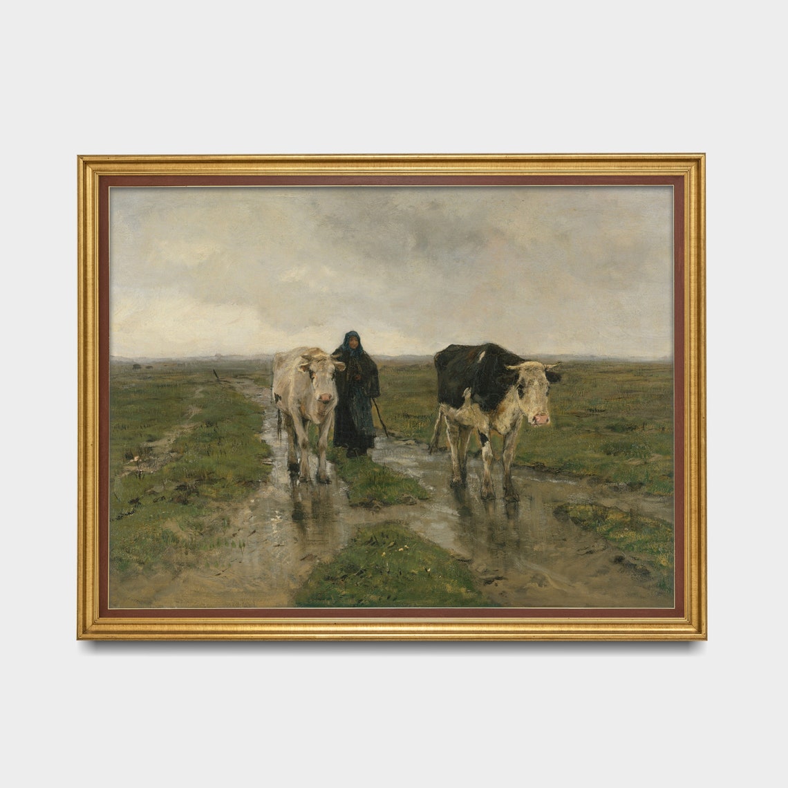 Two Cows Led by a Milkmaid on a Rainy Muddy Meadow Path Poster - Image 3