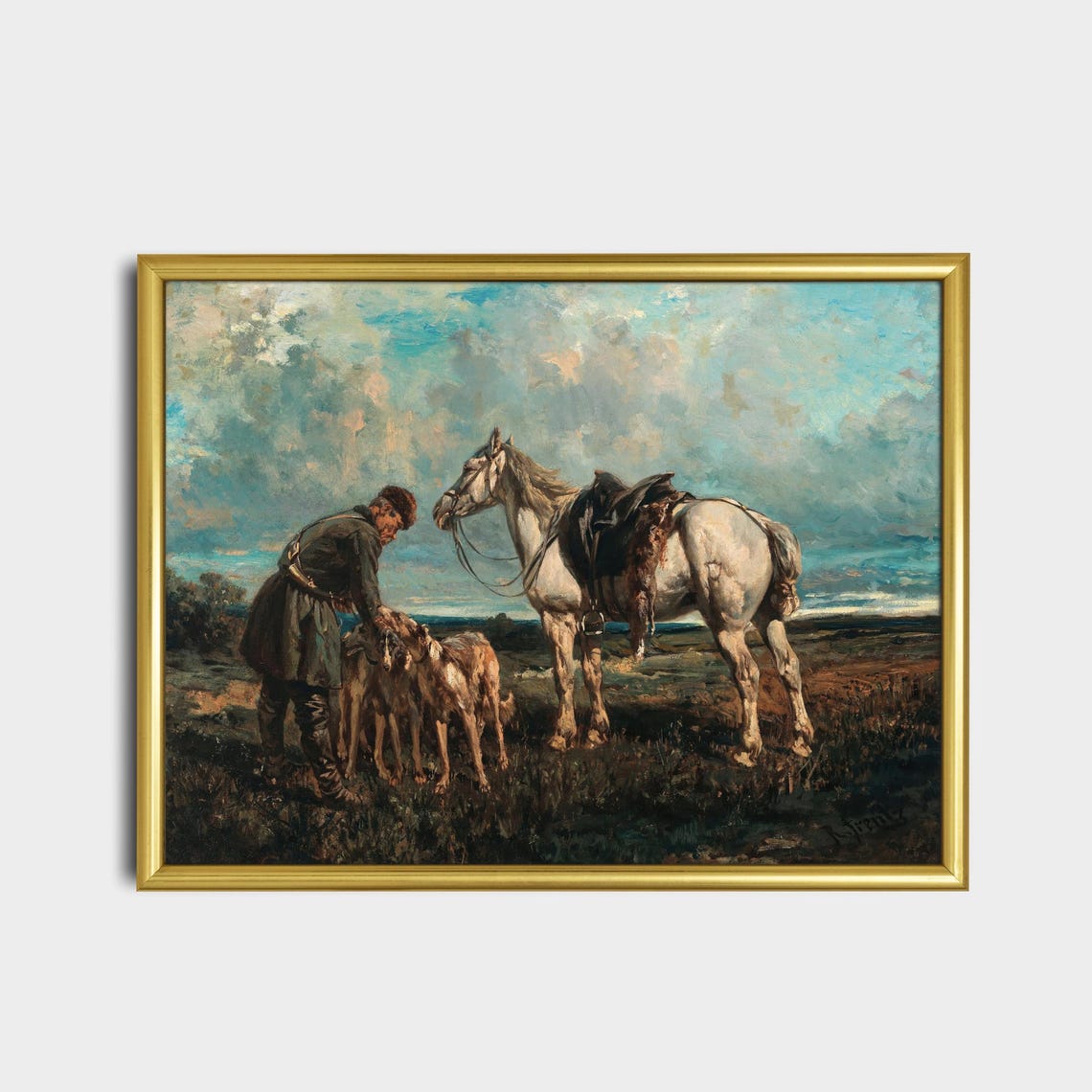 Hunter with His Horse and Hounds Vintage Equestrian Oil Poster - Image 2