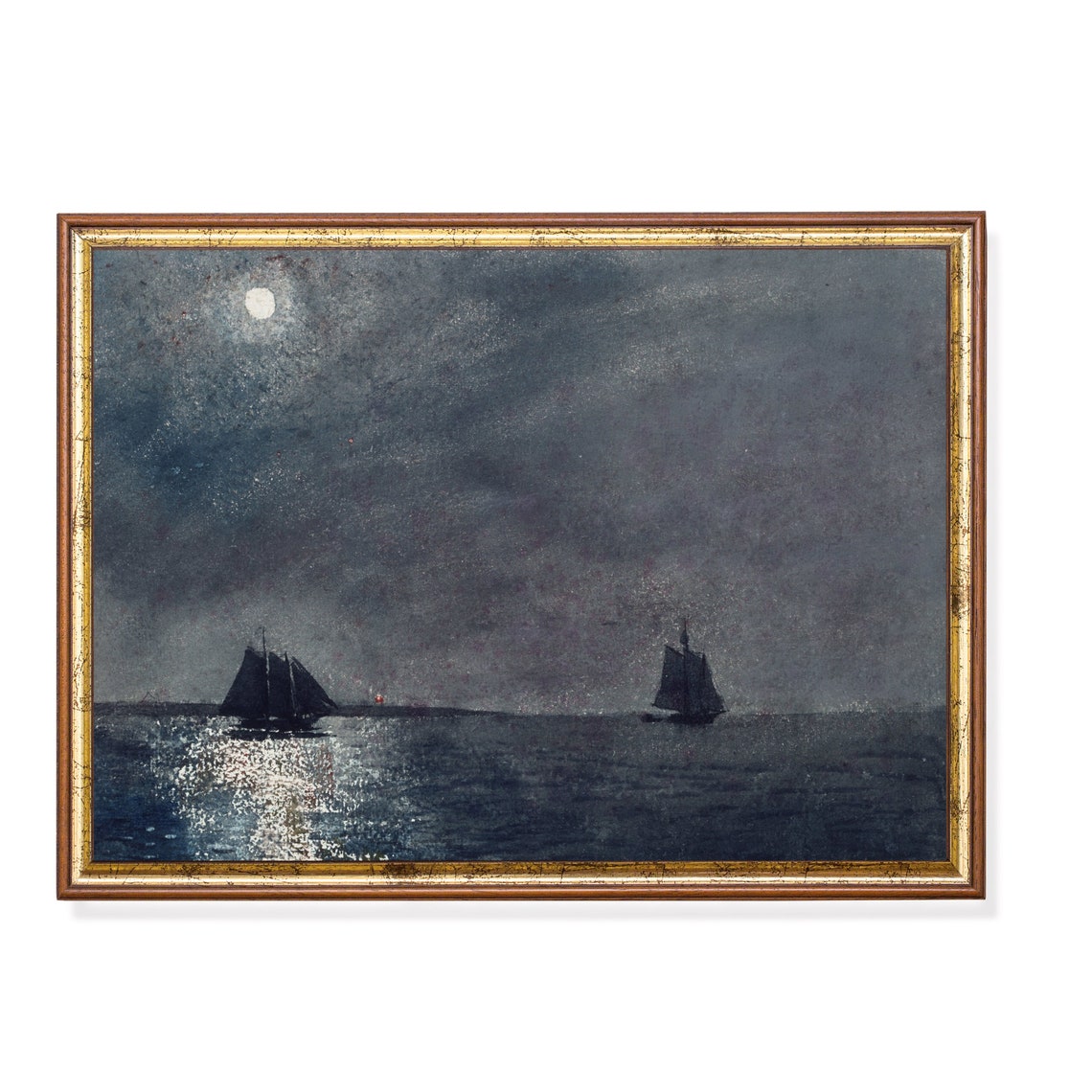Printed And Shipped Vintage Moonlight Painting Sailing Ship Rustic Print Moody Antique Seascape Ocean Coastal Decor Physical Print