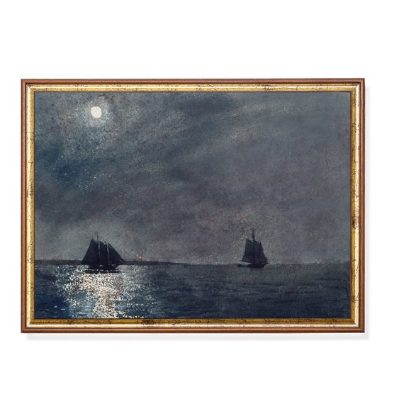 Printed And Shipped Vintage Moonlight Painting Sailing Ship Rustic Print Moody Antique Seascape Ocean Coastal Decor Physical Print