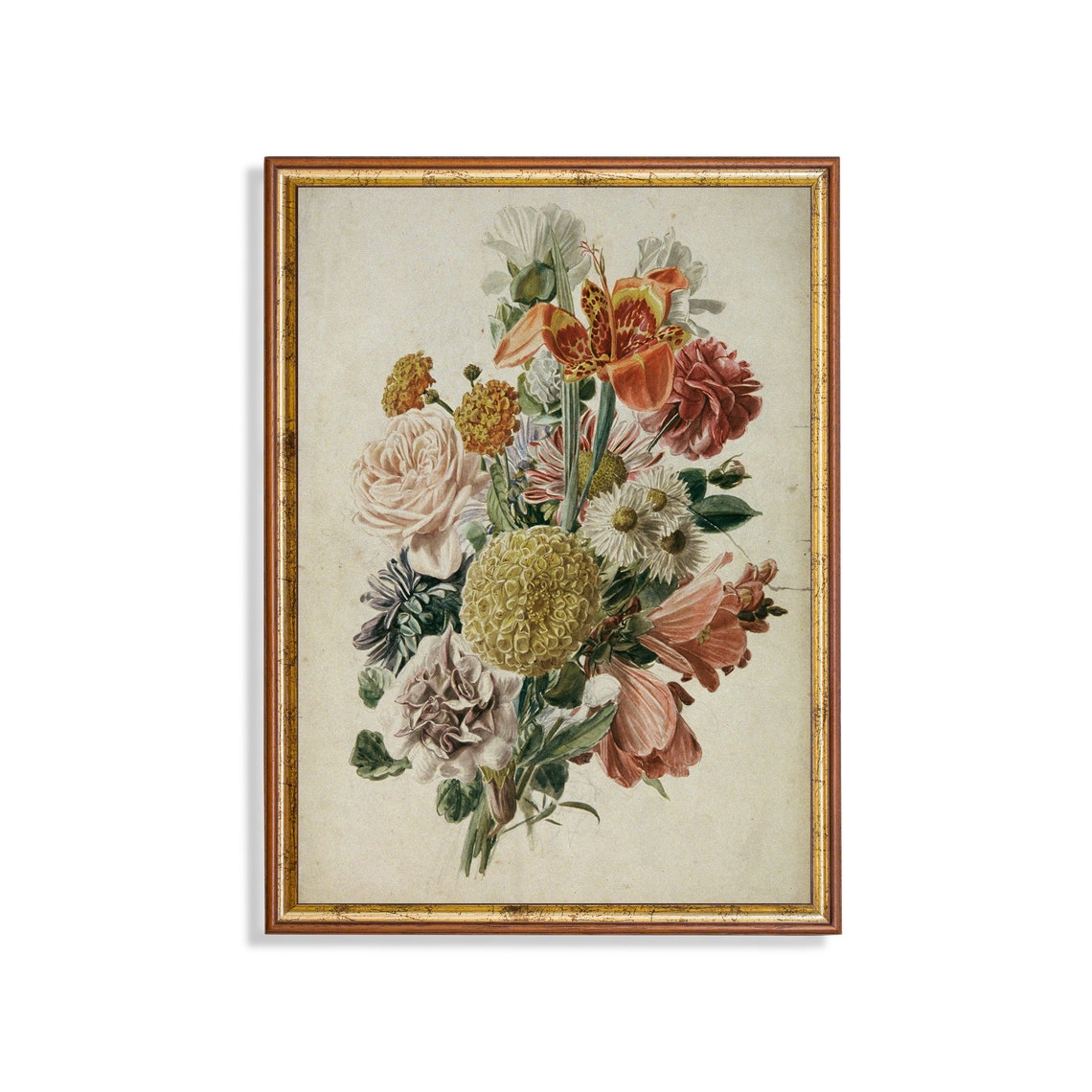 Vintage Botanical Flower Bouquet Marigold Rose and Lily Poster