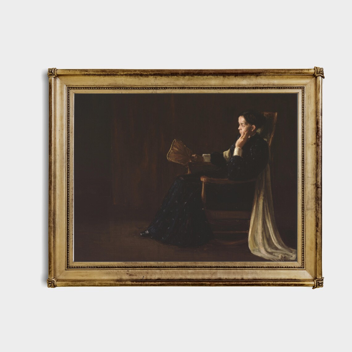 Seated Woman with Fan in Dark Room Moody Portrait Painting Poster - Image 4