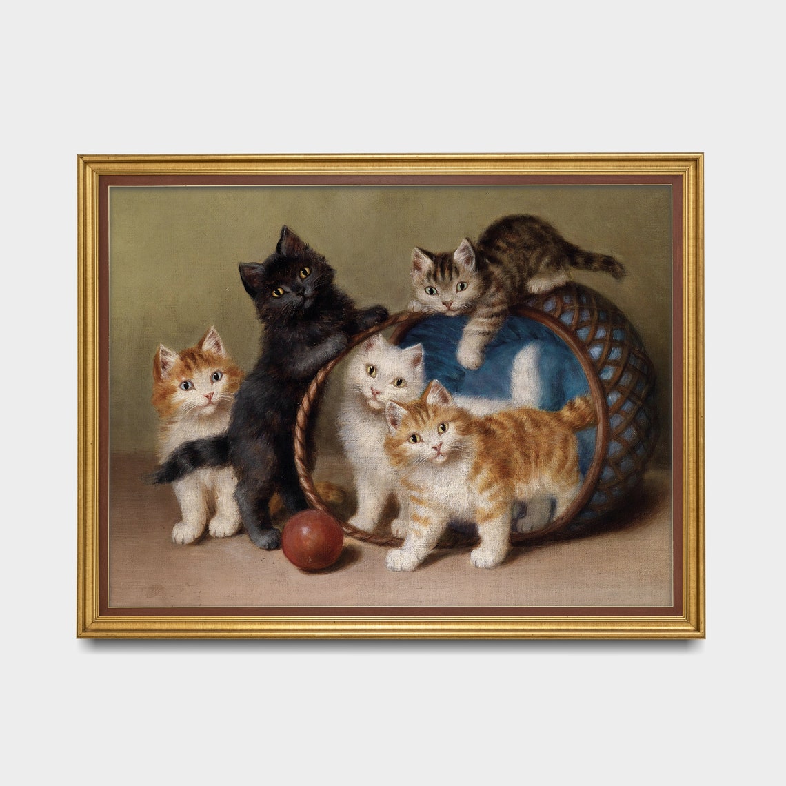 Five Playful Kittens with an Overturned Basket Vintage Cat Poster - Image 5