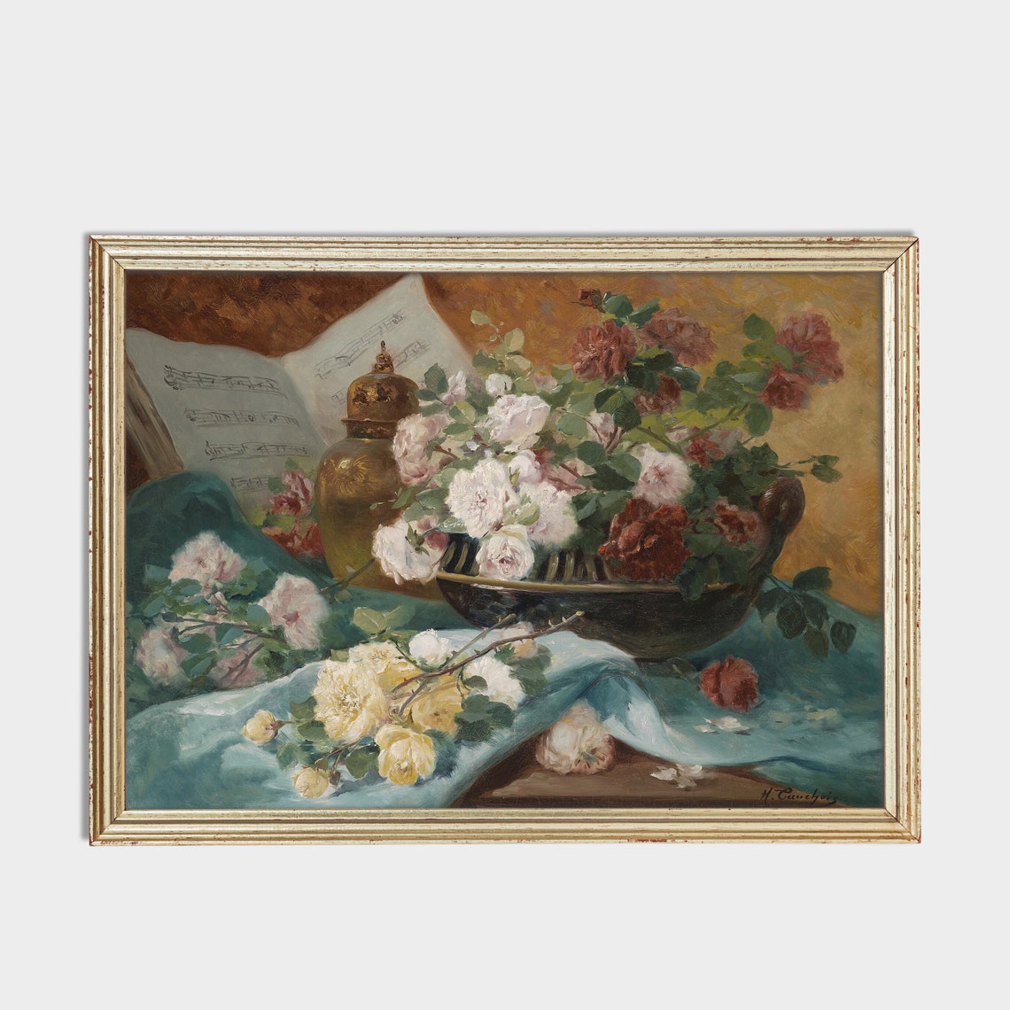 Antique Roses Still Life With Sheet Music and Brass Vase Poster - Image 2