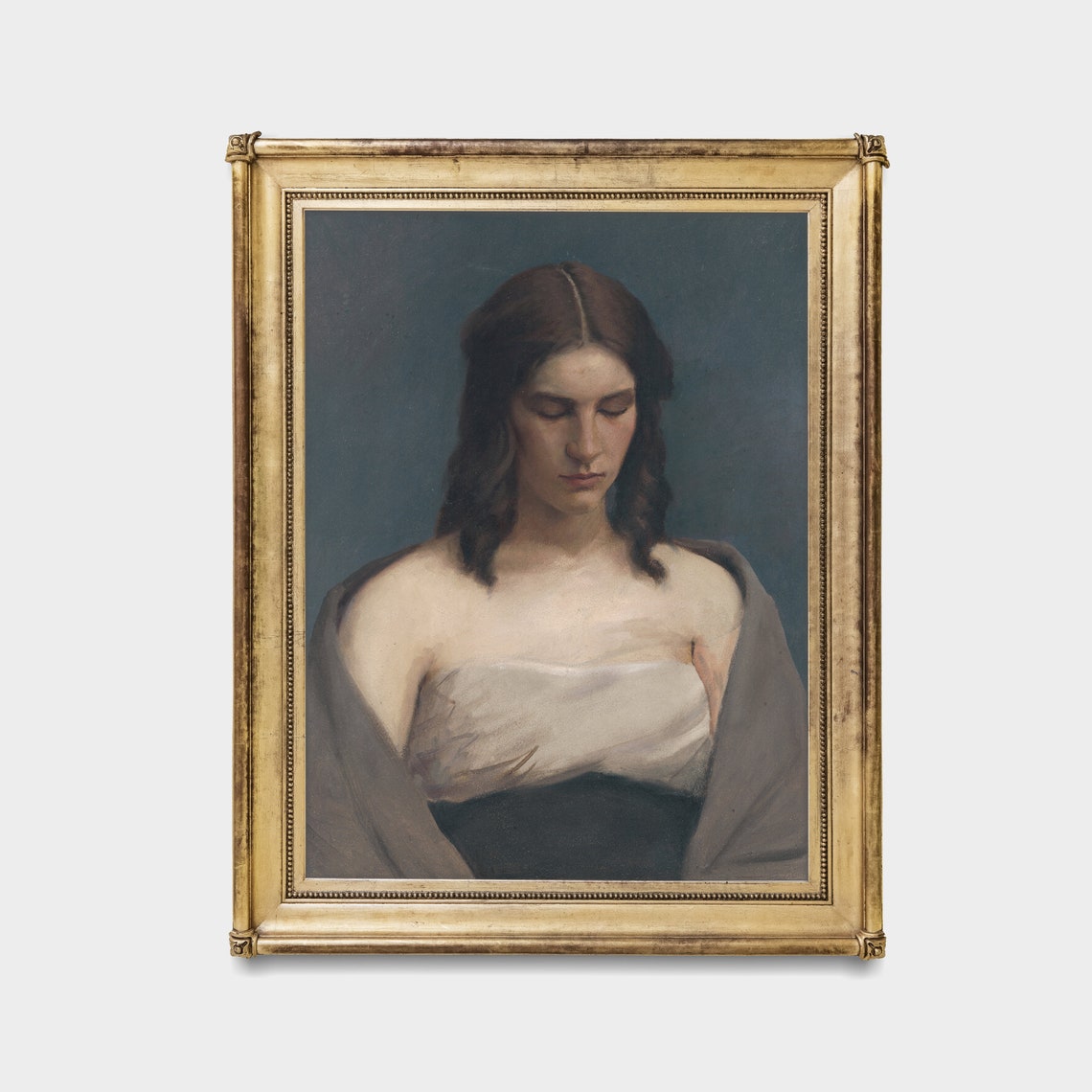 Melancholic Moody Woman With Downcast Eyes in a Grey Shawl Poster - Image 2