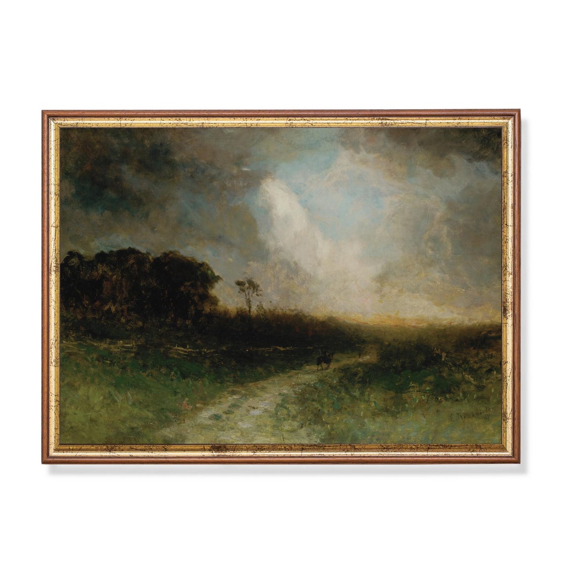 Antique Storm Clouds Over Green Meadow Landscape Painting Poster