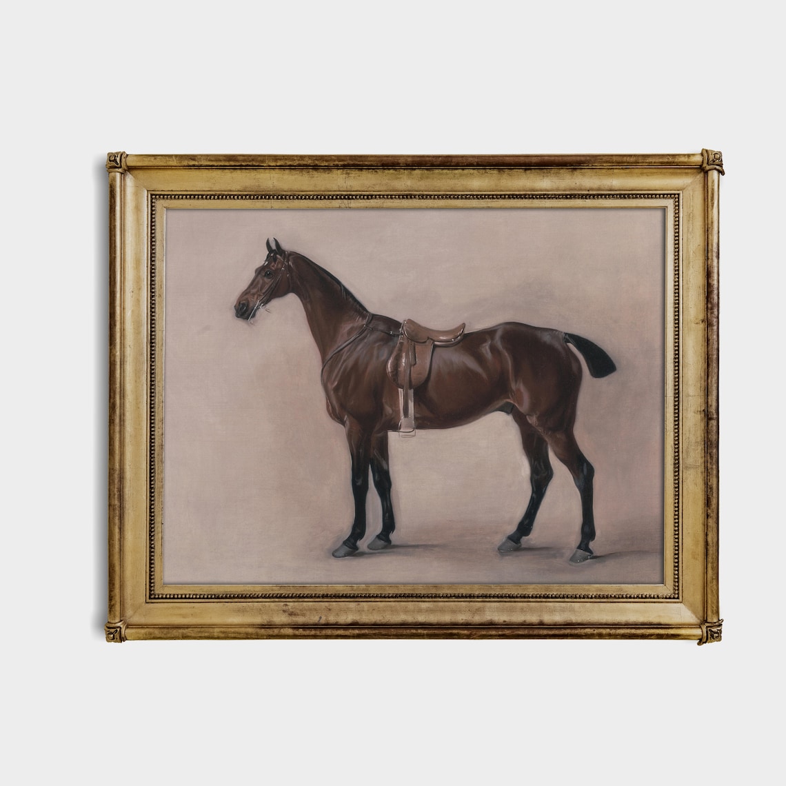 Saddled Bay Horse Standing Profile Antique Equestrian Painting Poster - Image 4