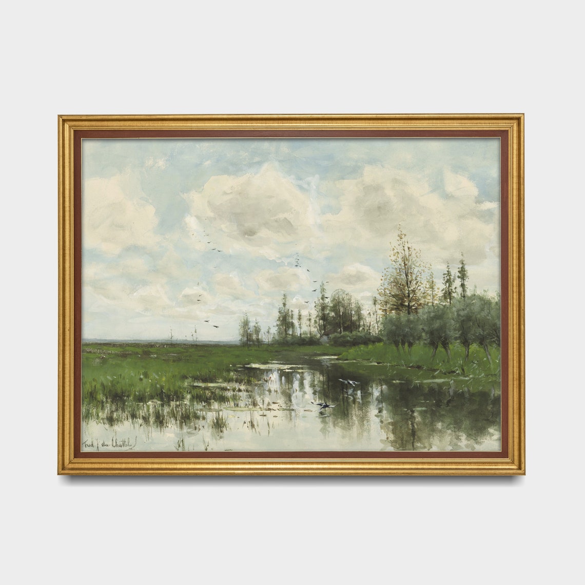 Marsh River Landscape with Birds and Drifting Clouds Vintage Poster - Image 4