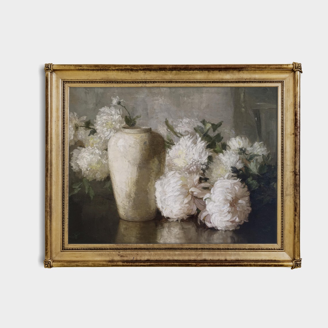 White Chrysanthemums Beside Pale Ceramic Vase Vintage Floral Poster - Image 4