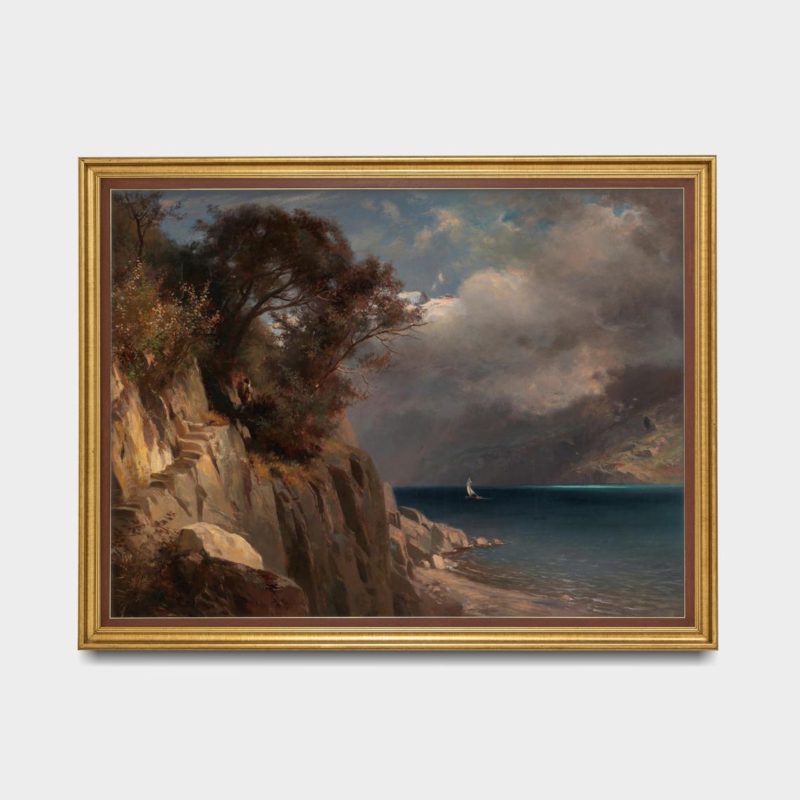Rocky Sea Cliff with a Distant Sailboat Moody Coastal Poster - Image 5