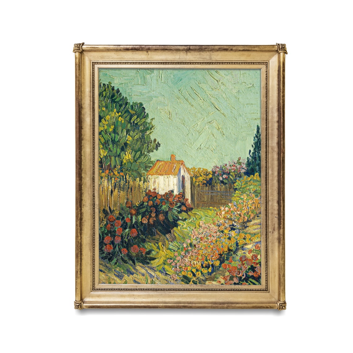 Post-Impressionist Flower Garden with White Cottage Vintage Wall Art - Image 2