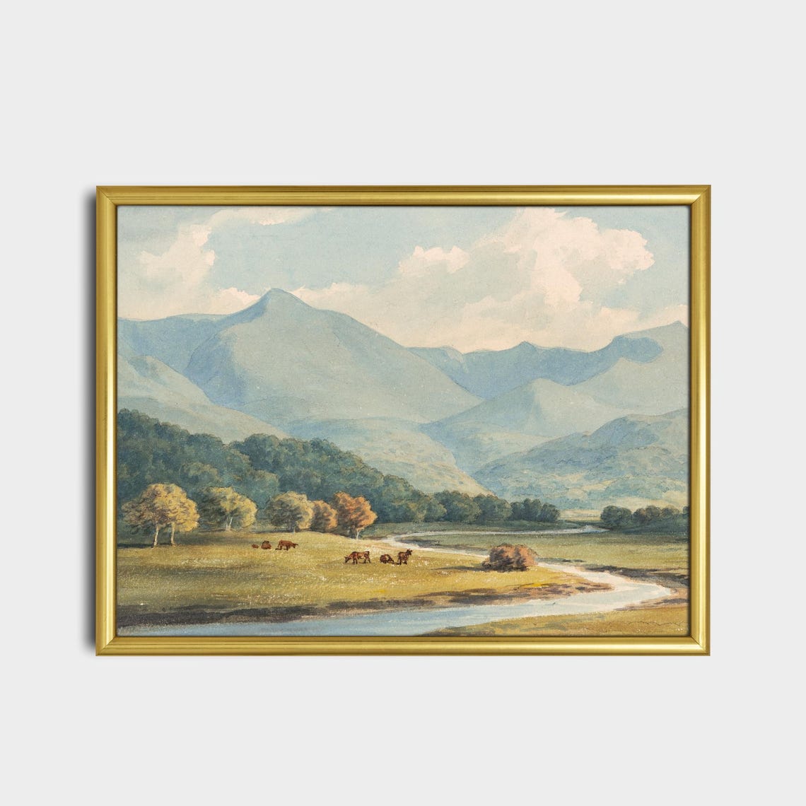 Mountain Valley River with Grazing Cattle Scenic Landscape Poster - Image 2