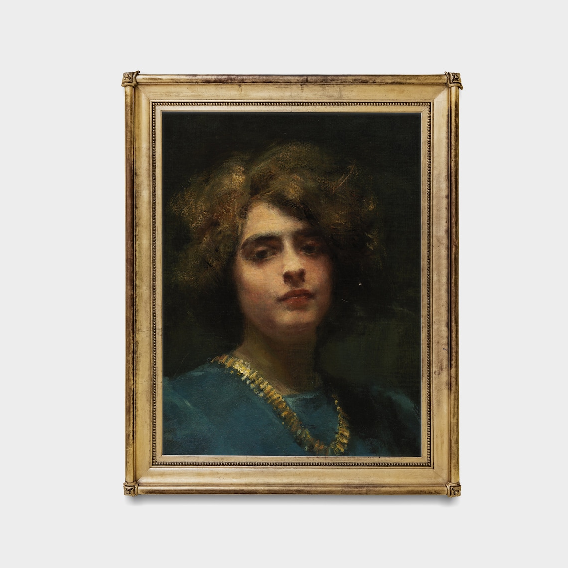 Moody Portrait of a Woman with Wild Curls in a Blue Dress Vintage Poster - Image 2