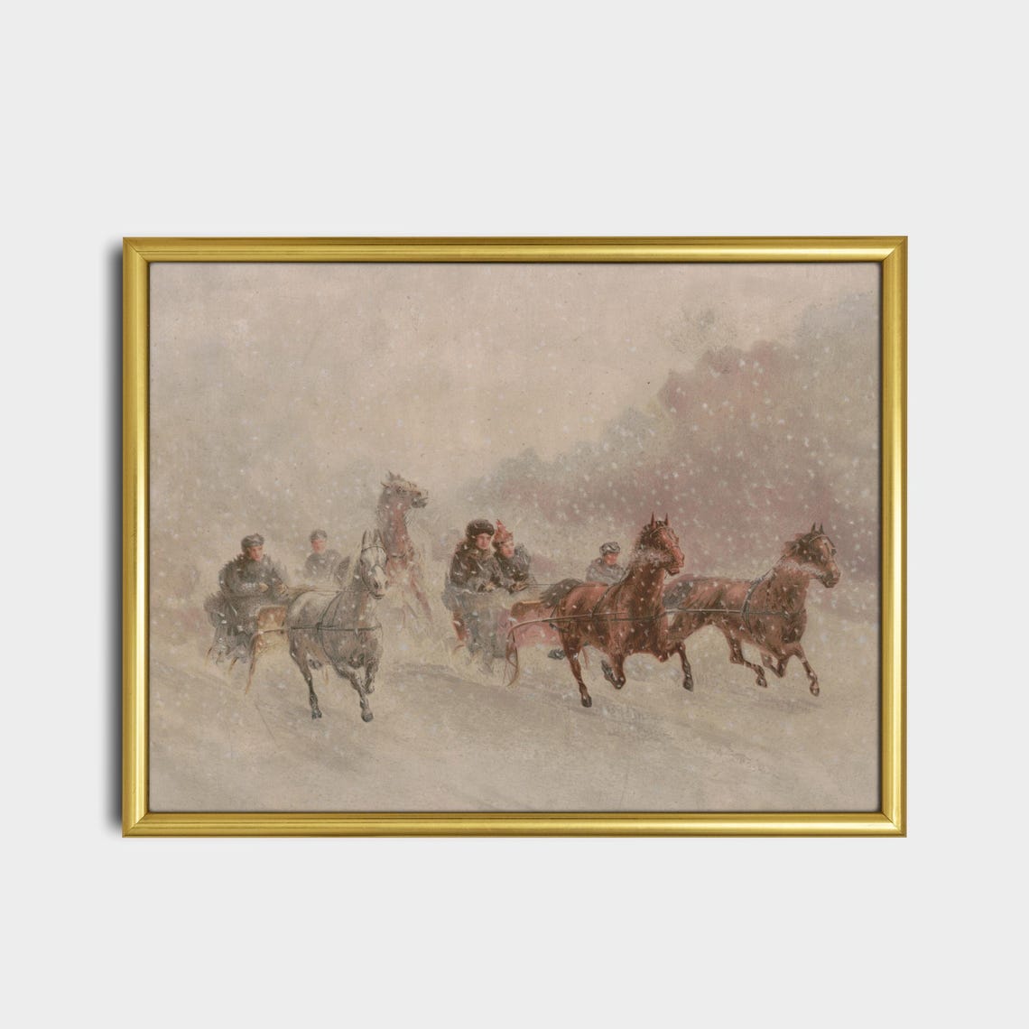 Horse Sleighs Racing Snowstorm Vintage Winter Scene Art Poster - Image 2